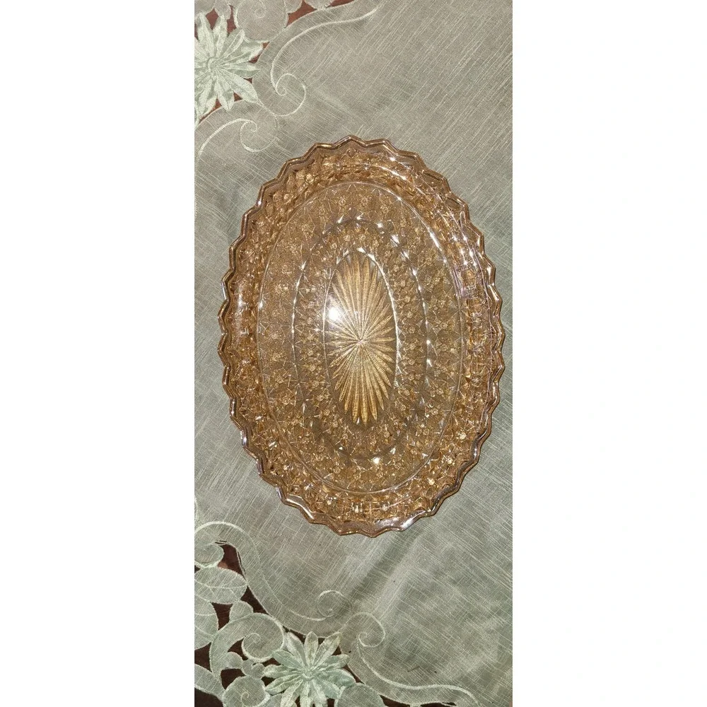 Vintage Marigold Carnival Glass Oval Platter Diamond Point Scalloped Dish